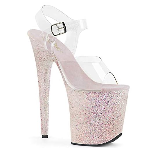 FLAMINGO-808LG - 8" Heel Ankle Strap Sandal with 4" Holographic Glittered Platform Opal 8