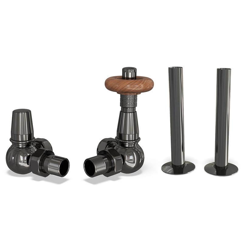 UK Radiators Black Nickel Thermostatic Radiator Valves and Corner Lockshield Valve - Polished Black Nickel Finish - Traditional Design 1/2" x 15mm Corner Radiator Valves with 130mm Pipe Sleeves