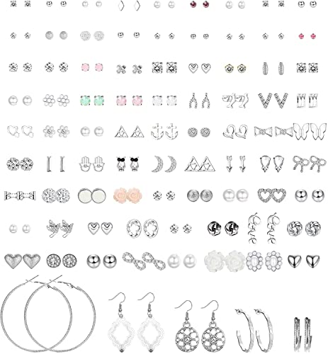 Dochais 84 Pares Set de Aretes Acero Inoxidable, Pendientes CZ Hipoalergénico, Lindo Corazon Flor Perla Bola Triángulo Luna Mariposa Pendientes de Tuerca para Mujeres y Niñas Cover