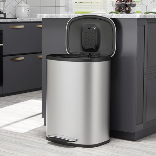 Kitchen Trash Can 50L/13 Gallon, Stainless Steel Garbage Can with lid, Heavy Duty Trash Bin w/Soft-Close Foot Pedal & Exquisite Oval Shape Cover, Hands-Free, Satin Nickel Finish, Smudge Resistant