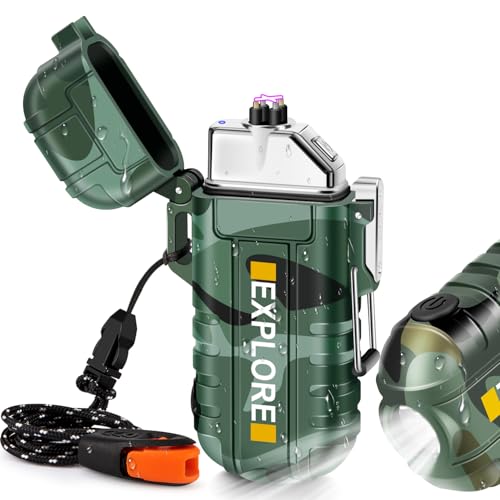 Image of LcFun Arc Lighter, Waterproof Windproof, Type C USB Rechargeable, Dual Arc Plasma, Flameless Electric Lighter with Flashlight, Camouflage, Plastic, Tactical