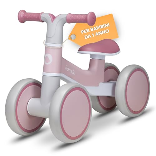 LIONELO VILLY Bicicletta senza pedali per bambini da 1 a 3 anni o 30 kg, con 4 ruote, Ammortizzatore anteriore e sedile ergonomico, Un regalo perfetto per ragazze e ragazzi
