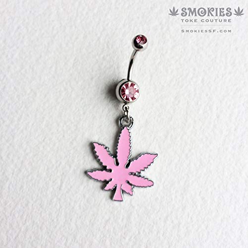 Pink Marijuana Leaf Dangle Belly Button Ring - Cute Stoner Accessories, Surgical Steel Body Jewelry, 420 Weed Hemp Cannabis Navel Piercing For Women #TOP1