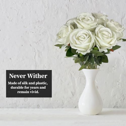 10 PCS Artificial Roses with Stems 50cm Long Fake Roses Silk Flowers Realistic Foam Flowers for Home Wedding Decorations (White) image 4