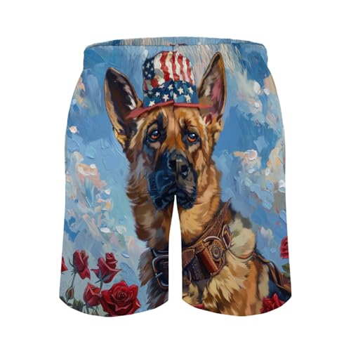 German Shepherd Roses Men's Swim Trunks Patriotic Dog American Flag Hat Summer Sport Shorts Bathing Suits with Pockets3