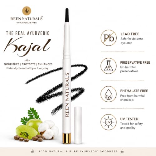 Image of REEN NATURALS Kajal Stick | 100% Natural Ayurvedic & Herbal | Traditional Lamp Black Method | Gentle & Chemical-Free | Eye Kajal | Eyeliner & Eyebrow | Water-Proof and Smudge Proof