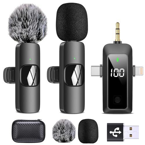 HMKCH Micro Cravate sans Fil pour iPhone, Téléphone Android, Appareil Photo, PC, Microphone à Revers sans Fil 4 en 1 avec indicateur de Niveau de Batterie...