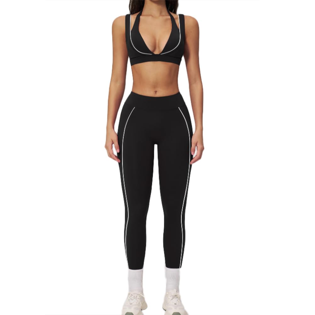 XYFfybhsd V Neck Halter Sports Bra High Elastic Support Matching Running Fitness Full Length Leggings Slim Yoga Set Workout Active Outfit(Size:M,Color:Black)