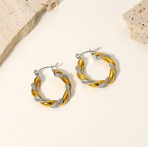 Gold Silver Two Tone Twisted Hoop Earrings Minimalist Lightweight Chic Trendy Fashion 18K Gold Plated Stainless Steel Piercing Earrings Unique Birthday Jewelry3