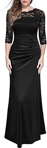 Women's Retro Floral Lace Vintage 2/3 Sleeve Slim Ruched Wedding Maxi Dress