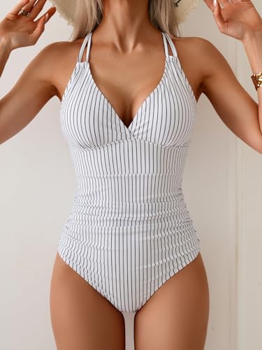Image of Aidonger Women's One Piece Color Block Swimsuit Tummy Control Slimming Bathing Suit V Neck Cutout High Waisted Swimwear