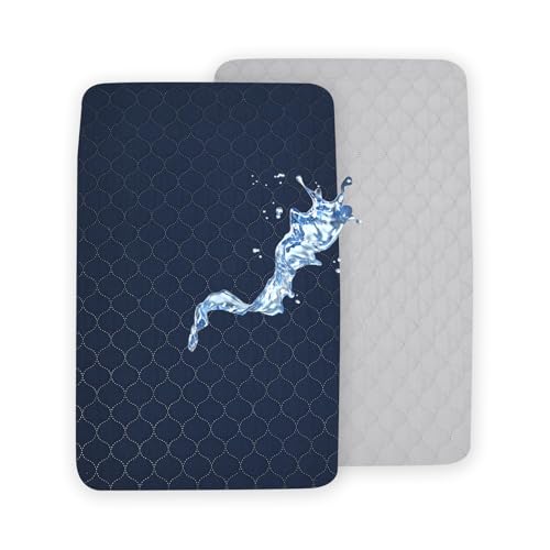 Image of david's kids 2 Pack 38''x25'' Waterproof Mini Crib Mattress Protector, Fitted Pack N Play, Playard and Mini Crib Mattresses, Ultra Soft Breathable Pad Cover for Boys Girls Neutral, Grey & Navy Blue