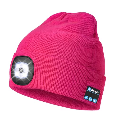 Image of Wmcaps Bluetooth Beanie with a Light, Unisex USB Rechargeable 4 LED Fashlight Hat with Cordless Headphones, Unique Christmas Birthday Gifts for Men Him Husband Teen Rose Red