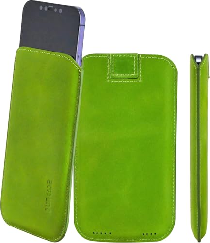 Étui en cuir iPhone 16E Suncase ultra fin avec languette de retrait protection vert kiwi