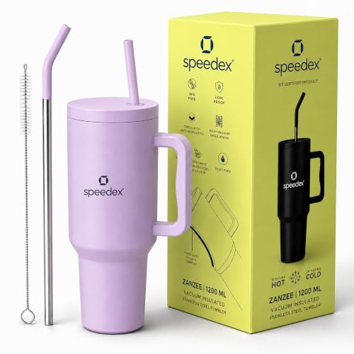 Image of Speedex 1200 ml Insulated Stainless Steel Tumbler with Handle, Straw & Cleaning Brush, Double Wall Leakproof Sipper Bottle, 24H Cold 18H Hot, Cup Holder Fit Travel Mug for Men Women (Purple, 1.2 l)