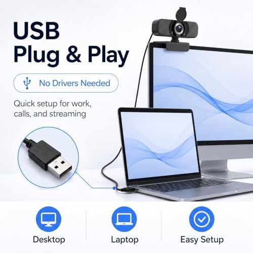 1080P Webcam with Microphone, USB Camera for PC and Laptop, Privacy Cover — view 6