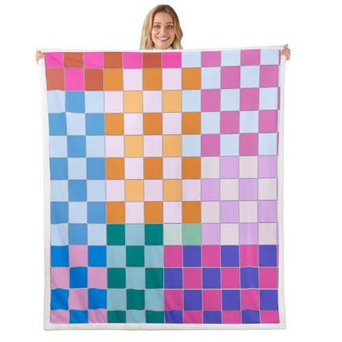 Image of Erosebridal Colorful Checkered Throw Blanket Twin 60 inchX80 inch Rainbow Checkerboard Grid Fleece Bed Blanket Blue Pink Purple Ombre Plaid Sherpa Blanket for Kids Boys Girls,Groovy Aesthetic Plush Blanket