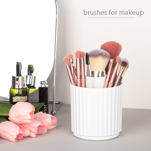 Anyoifax Makeup Brush Holder Organizer 360°Rotating Make Up Brushes Container for Vanity, Spinning Cosmetics Storage Cup, Stripe White