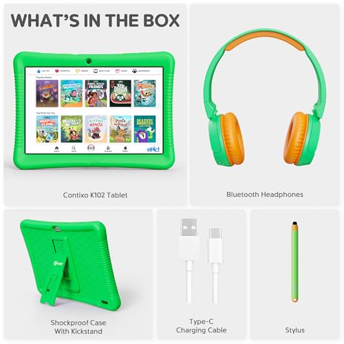 Image of Contixo K102 10 inch Kids Tablet Bundle - Wireless Kids Headphones, 32GB, Learning Educational Apps, Parental Controls, Dual Cameras, Shockproof Case with Kickstand & Stylus, Ages 3-7 - Green