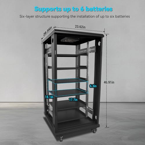 Image of SUNGOLDPOWER 6-Layer Enclosed Battery Cabinet with 600A Bus Bar and Wheels, Compatible 100AH 3U Rack LiFePO4 Batteries, Ventilation Design, for Solar System and Energy Storage
