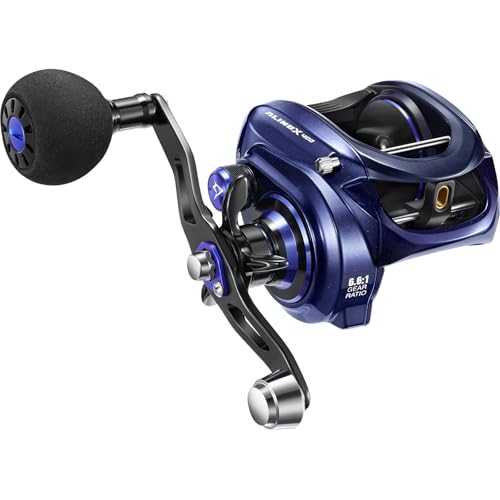 Piscifun Alinox 400 Baitcaster Fishing Reel, 35Lbs Max Drag Aluminum Alloy Frame Baitcasting Reel, 6.6:1 Gear Ratio Freshwater & Saltwater Low Profile Casting Reel for Musky, Blue-Violet Right Handle
