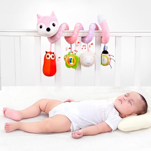 Image of Koty Car Seat Toys, Infant Baby Spiral Plush Activity Hanging Toy for Stroller Bar Pram Crib with Music Box BB Squeaker & Rattles(Pink Fox)