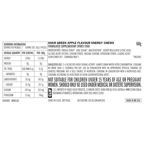 Image of Clif Bloks Sours - Green Apple Flavor - Energy Chews - Non-GMO - Plant Based - Fast Fuel for Cycling and Running - Quick Carbohydrates and Electrolytes - 2.12 oz, 18 Count (Pack of 8)