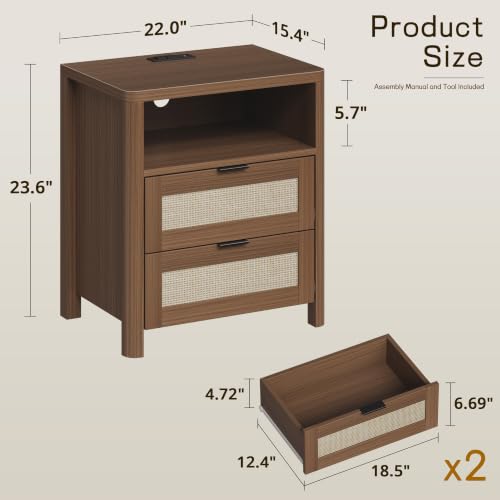 Image of Boho Nightstand Set of 2 with Charging Station, Bedside Table with Drawer & Open Storage Shelf, Mid-Century Modern End Table Rattan, Accent Side Table with Rounded Corners for Bedroom Living Room