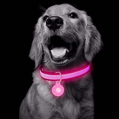 LED Dog Collar,VIZPET AirTag Protective Case with Keychain, USB Rechargeable Light Up Dog Collar Anti-Lost Airtag Tracker Holder for Dog Collar Lights(Medium, Pink)