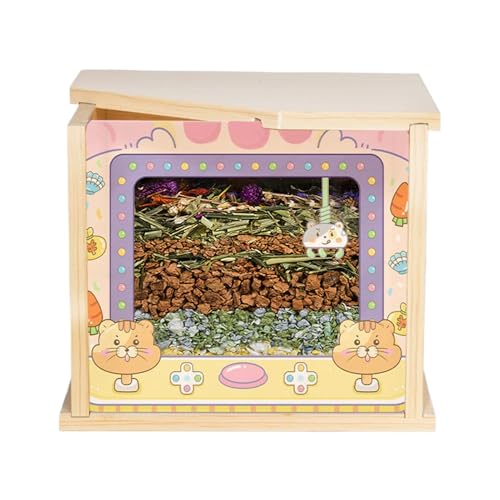 ハムスターバスタブ、目に見えるハムスター掘削箱、木製の家の隠れ家、バスコンテナラット、アクリルプレートアクセサリー、7.48x5.91x6.38インチ、ハムスター用