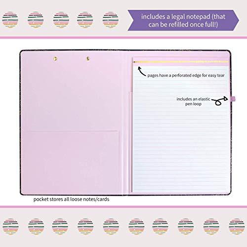 Steel Mill & Co Cute Clipboard Folio with Refillable Lined Notepad and Interior Storage Pocket for Women, Stylish Metallic Gold Floral on Navy Design Clipfolio, Navy Floral