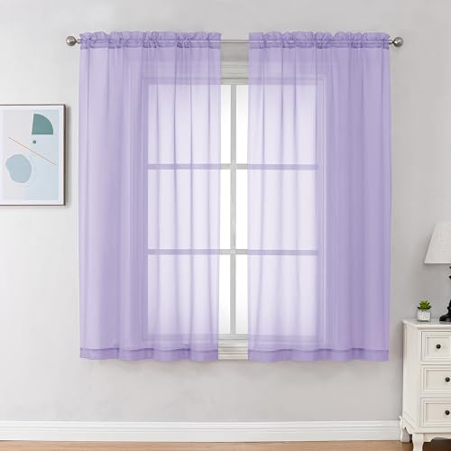Image of Chyhomenyc Lilac Sheer Curtains 45 Inch Long 2 Panels, Light Filtering Rod Pocket Voile Short Curtains Drapes for Living Room Bedroom Small Windows, 42Wx45L Inches
