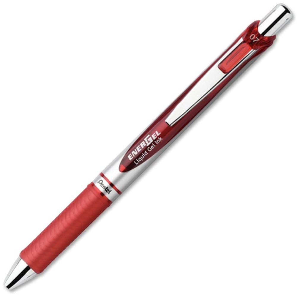 Pentel EnerGel Retractable Liquid Gel Pens, Medium Point, 0.7 mm, Silver Barrel, Red Ink, Pack of 12