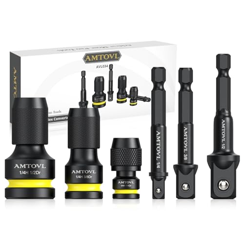 AMTOVL Impact to 1/4 Hex Converter - 1/2 3/8 1/4-INCH Drive Female to 1/4-Inch Hex Adapter with 3PCS Socket Adapter Set for Ratchet Wrench Drivers, Impact Bit Holders, Quick-Change Chuck