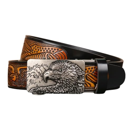 Ceinture à cliquet en cuir véritable café avec gravure tête d'aigle haut de gamme