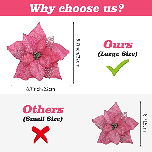 15 Pieces Christmas Glitter Poinsettia with Clips Christmas Poinsettia Decorations Artificial Poinsettia Flowers Ornament Christmas Flowers for New Year Wedding Home Decoration 8.7inch/22cm Pink