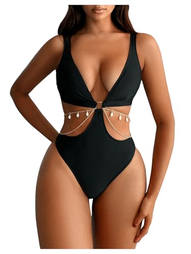 OYOANGLE Women's One Piece Swimsuit Ring Linked Cut Out Bathing Suit High Cut Swimwear