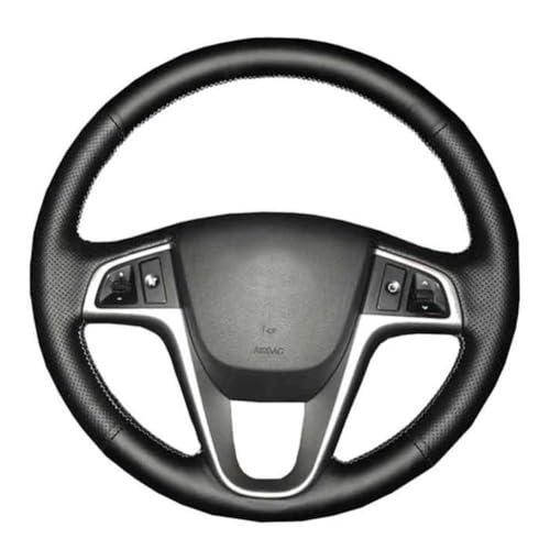 LIANFMX Car Steering Wheel Cover Hand-Stitched Black Leather, for Hyundai Solaris Verna i20 2008-2012 Accent