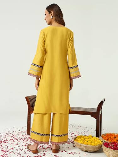 Image of FIORRA Women's Yellow Chanderi Straight Kurta and Palazzo Set
