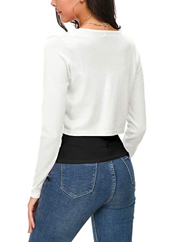 Women's Cropped Bolero Cardigan Button Down O-Neck Knitted Shrug Sweaters (L, White) #TOP5