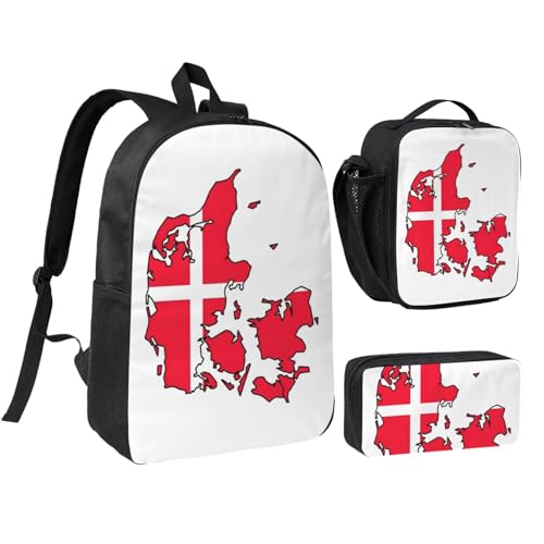Sac à dos d'école drapeau danois 3 pièces avec boîte à déjeuner et trousse