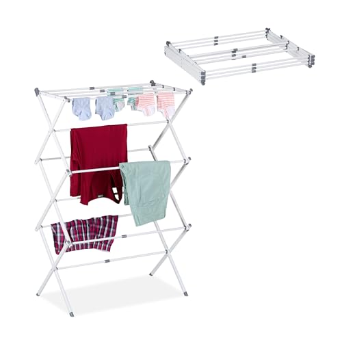 Relaxdays Wäscheständer klappbar, 11 Stangen auf 6 Ebenen, HBT: 105x73x37 cm, ausziehbarer Wäscheturm, Metall, Silber