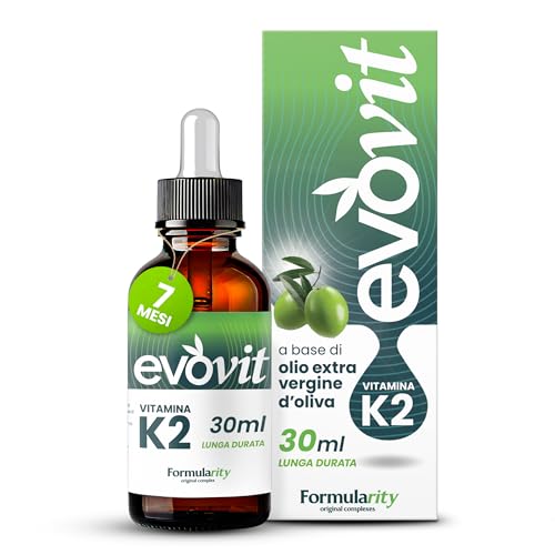 EVOVIT VITAMINA K2-7 Mesi di Durata - In Olio Extravergine d'Oliva Italiano Spermuto a Freddo, Integratore Naturale ad Alta Biodisponibilità - Senza Zuccheri, Glutine, Lattosio, 30ml - Made in Italy