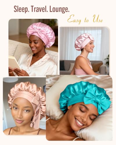 Image of BONNET QUEEN Double Layer Silk Bonnet for Sleeping for Women Satin Lined Bonnet Night Cap for Curly Hair with Tie Band, Single Layer, Aqua Blue