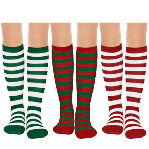 Hercicy 3 Pairs Christmas Knee High Socks for Girls Long Striped Candy Canes Xmas Stockings Stuffers for 6-12 Kids Cosplay(S)