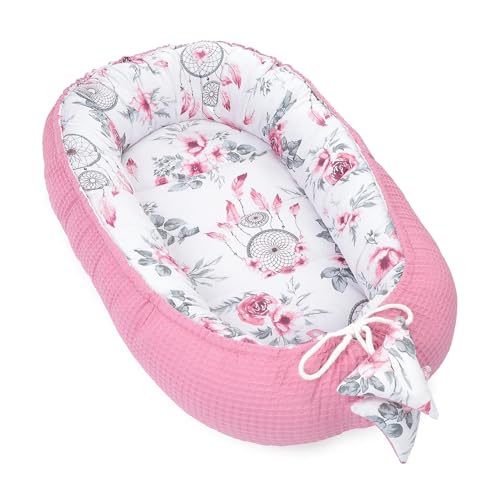 Babynest Neugeborene Nestchen Baby 50x90cm - Kokon Handmade zweiseitig aus Baumwolle Waffel mit Babynestchen Traumfänger Dunkelrosa
