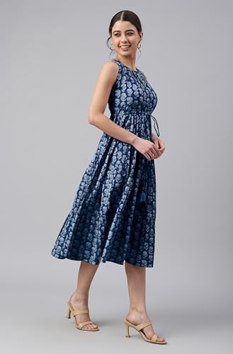 Image of Janasya Women's Cotton Floral Block Print Tiered Western Dress