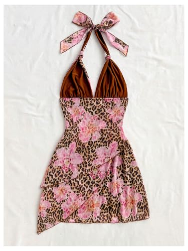 Image of SOLY HUX Women's Y2K Summer Beach Halter Mini Dress | Retro Floral Dress, V Neck, Backless, Club Nightout, Sexy Going Out Clothes, Birthday Dress
