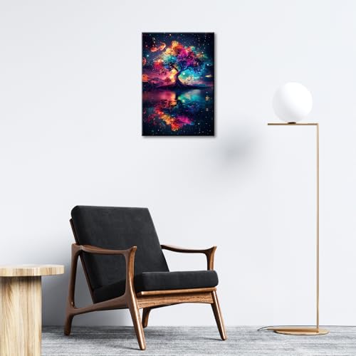 Wooden Framed Canvas Wall Art Colorful Tree of Life Canvas Print Abstract Blue Red Starry Night Scene Picture Painting Poster Home Office Corridor Living Room Bathroom Bedroom Wall Decor 30x40cm - Image 4