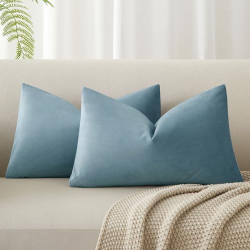Image of Light Blue 12x20 Decorative Lumbar Velvet Throw Pillow Covers Set of 2 | JUSPURBET Cozy Soft Velvet Couch Covers with Invisible Zipper for Modern Couch Sofa Bed Living Room Bedroom Home Decor
